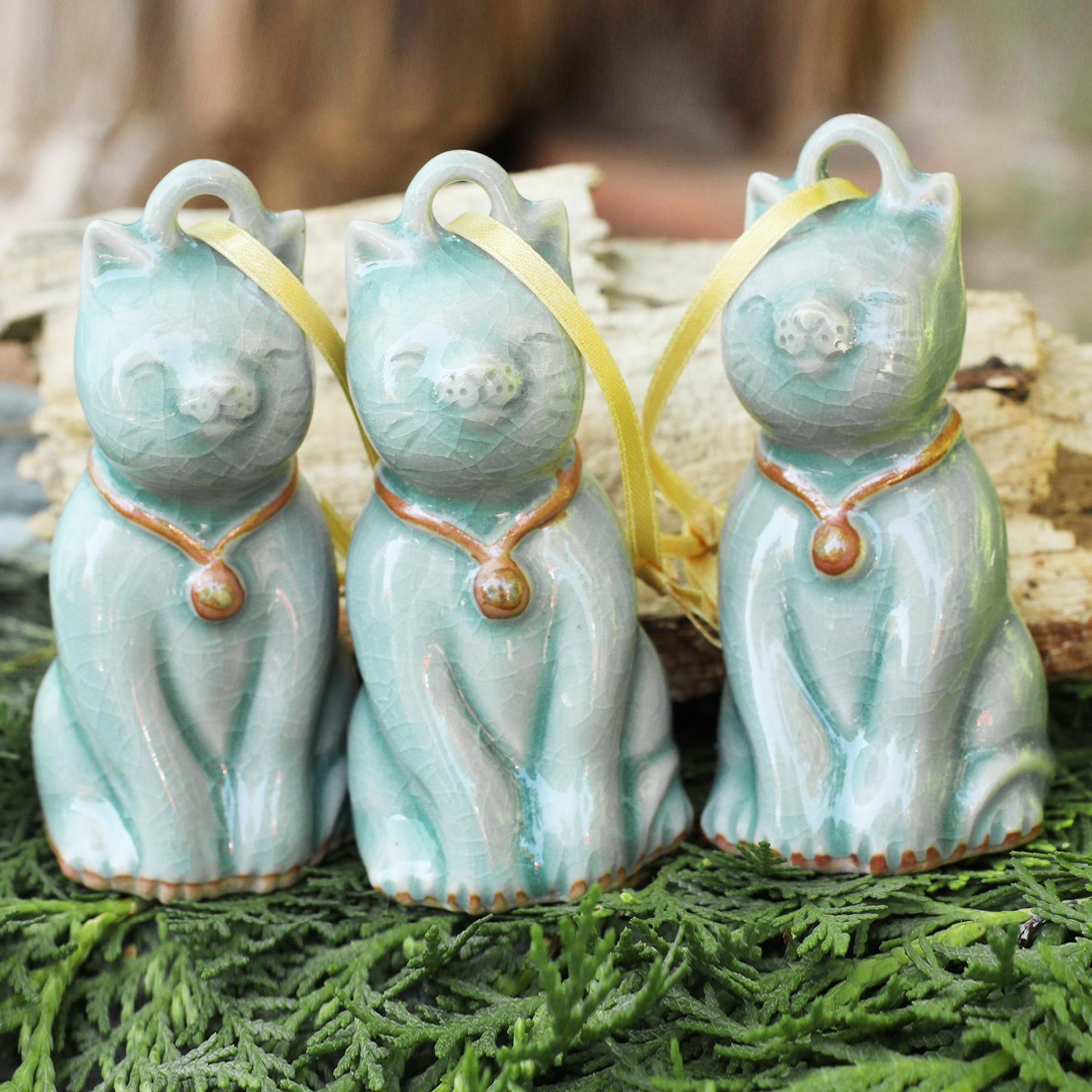Artisan Crafted Celadon Ceramic Ornaments (set of 3) - Light Blue Festive Cats